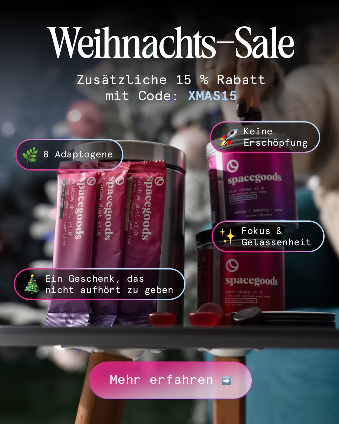 3 Gründe, Astro Dust in deine abendliche Routine einzubauen...
🌙 Fördert tiefe Entspannung und Schlaf
😴 Hilft dir, erfrischt aufzuwachen
🍫 Köstlicher Schokoladengeschmack
Mit wichtigen Inhaltsstoffen wie Reishi-Pilz, Ashwagandha und L-Tryptophan hilft dir Astro Dust nicht nur, besser zu schlafen, sondern sorgt auch dafür, dass du erfrischt aufwachst – ohne Trägheit. 💤
Bist du bereit, wie nie zuvor zu schlafen? Teste Astro Dust noch heute ohne Risiko.